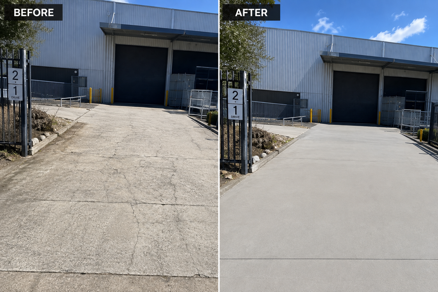 Before and after of an industrial unit driveway replaced with new concrete