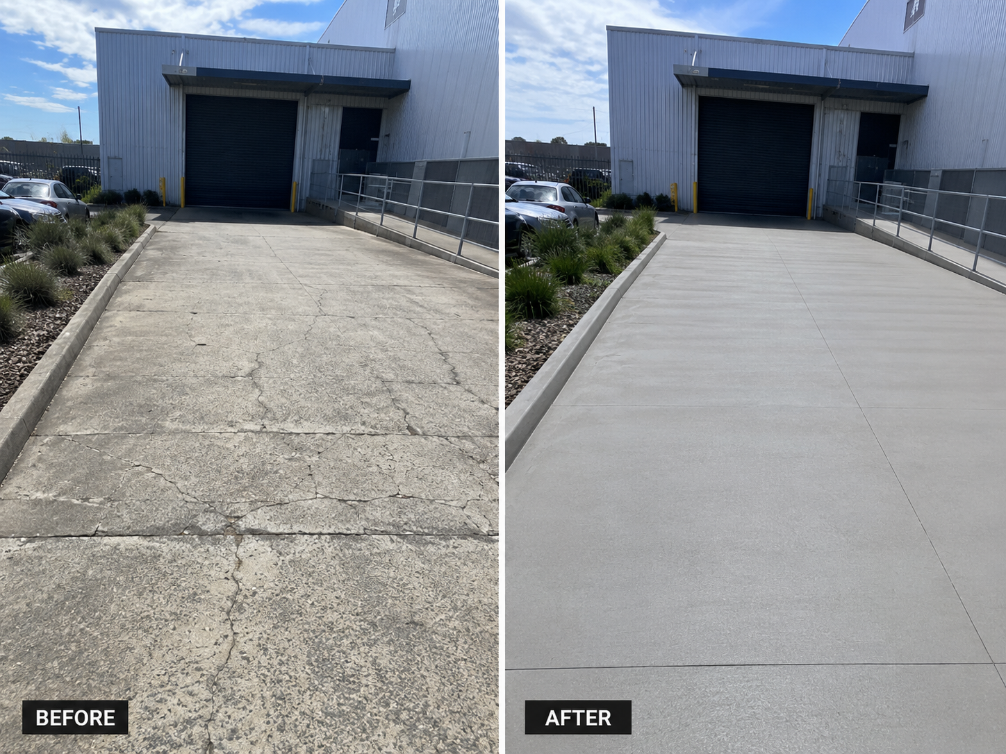 Before and after of a cracked warehouse driveway apron replaced with new reinforced concrete