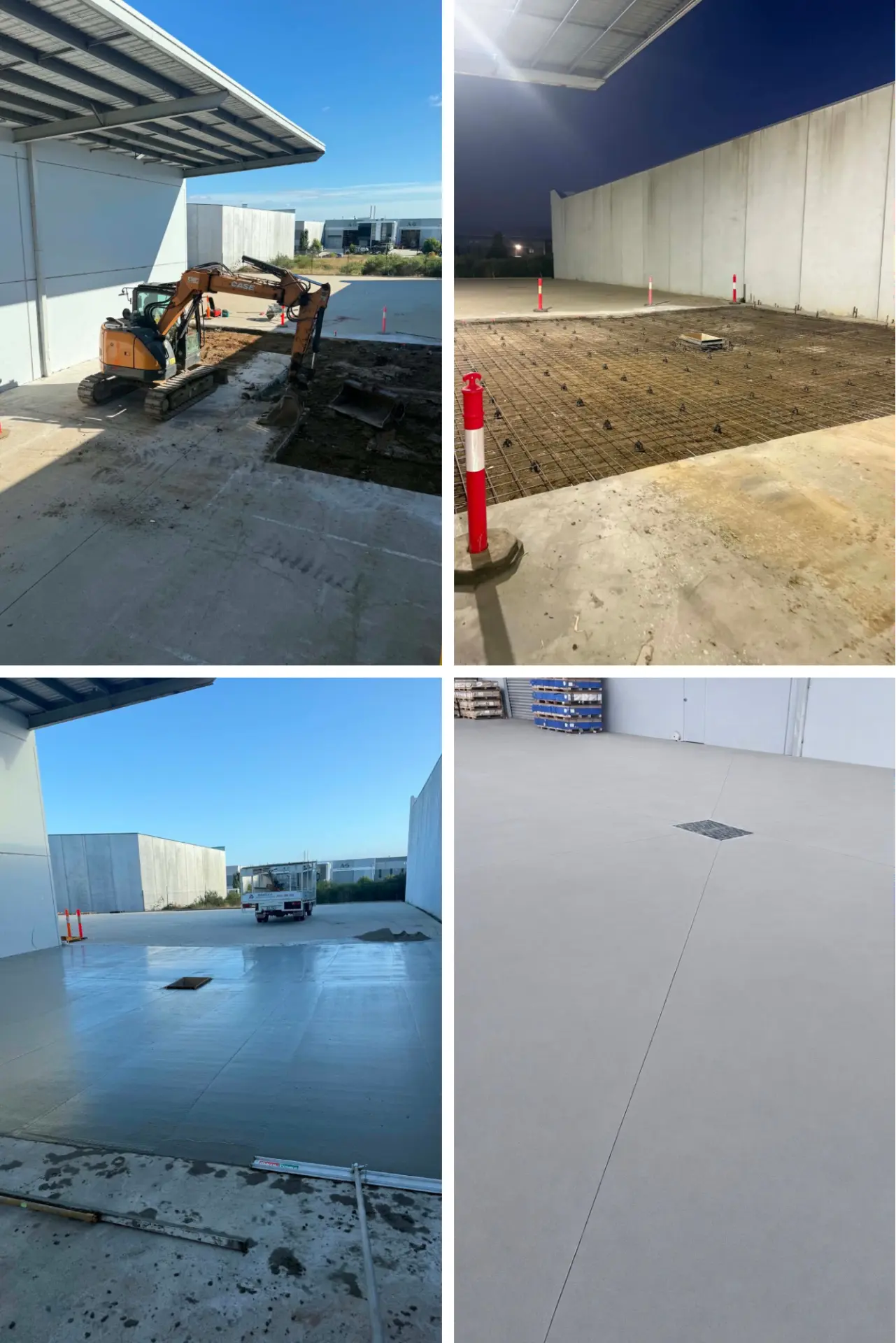 Stages of a commercial slab: excavation, mesh and reinforcement, fresh pour and the finished floor