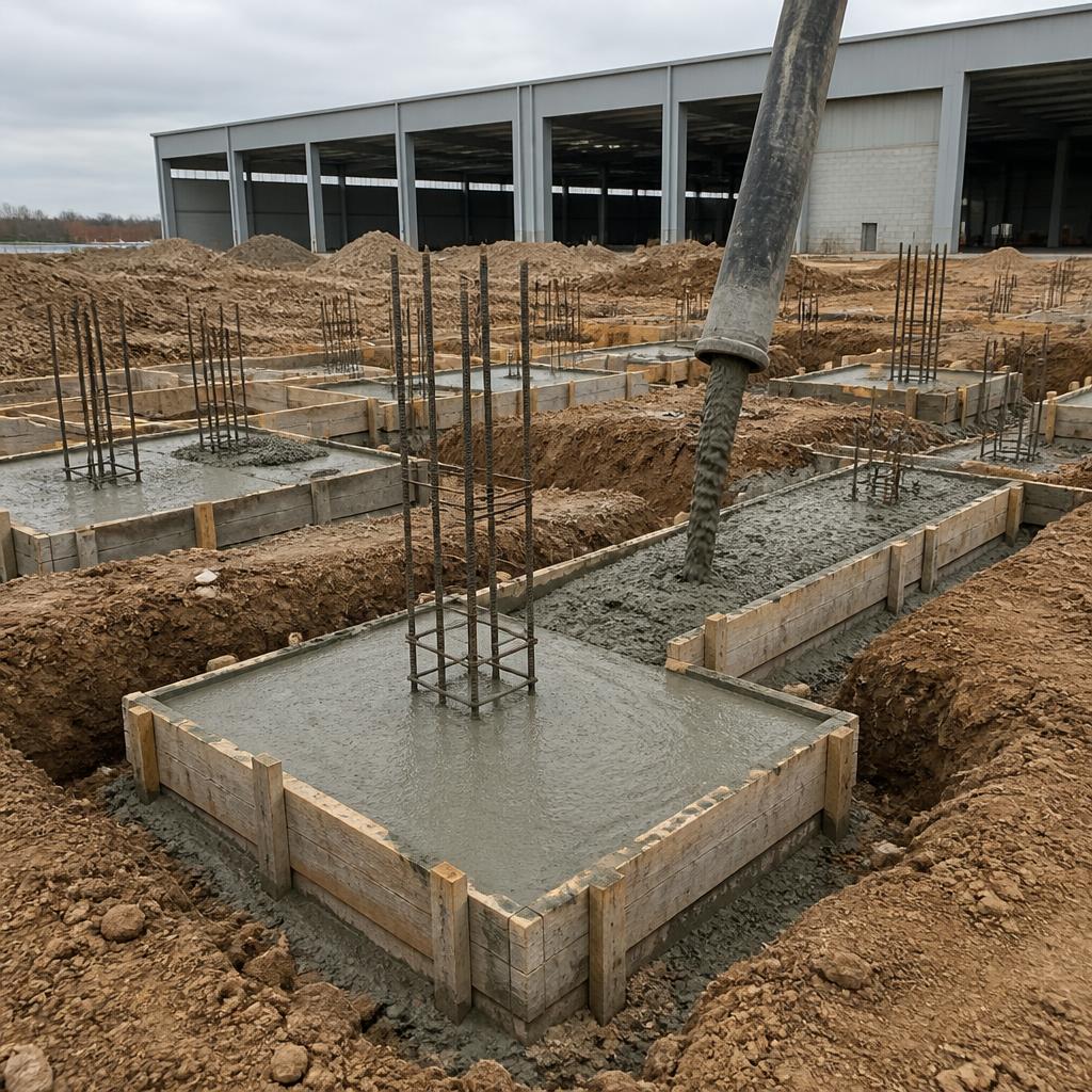 Reinforced concrete pad and strip footings being poured on a commercial site